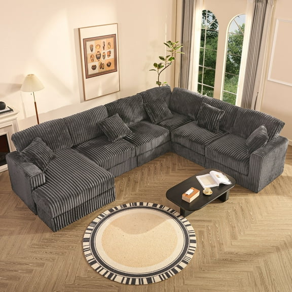 LAKPS 139" U-Shaped Sectional Sofa, 7-Seater Modular Cloud Couch for Large Families & Guests with Corduroy Upholstery, Left Facing Chaise, Gray
