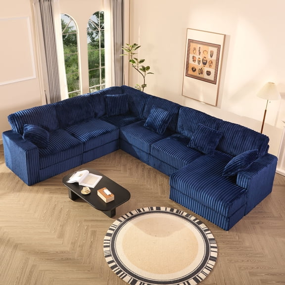 LAKPS 139" U-Shaped Sectional Sofa, 7-Seater Modular Cloud Couch for Large Families & Guests with Corduroy Upholstery, Right Facing Chaise, Blue