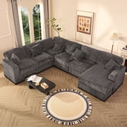 LAKPS 139" U-Shaped Sectional Sofa, 7-Seater Modular Cloud Couch for Large Families & Guests with Corduroy Upholstery, Right Facing Chaise, Gray