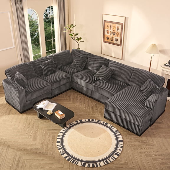 LAKPS 139" U-Shaped Sectional Sofa, 7-Seater Modular Cloud Couch for Large Families & Guests with Corduroy Upholstery, Right Facing Chaise, Gray