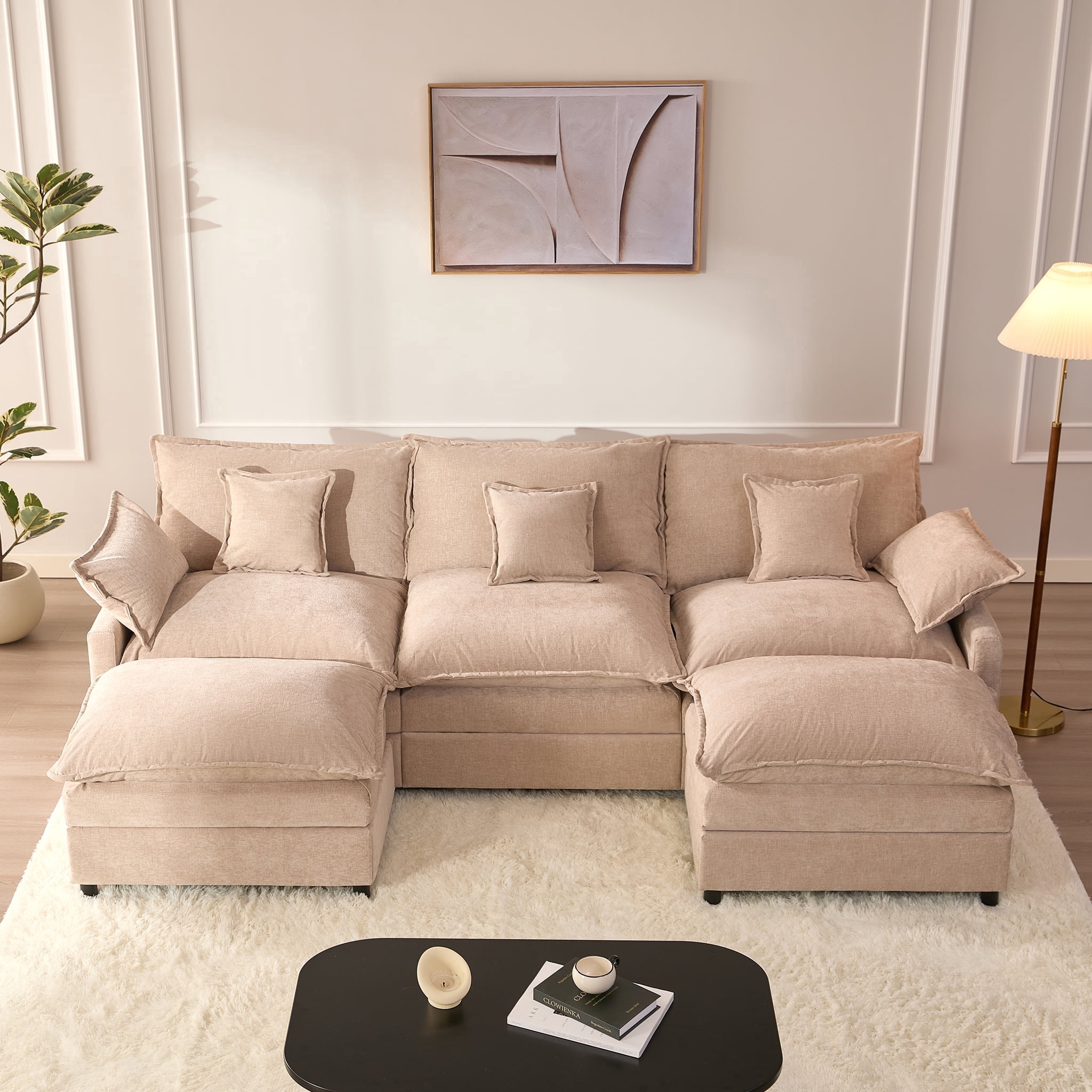 LAKPS 3-Seat Sectional Sofa Couch, Cloud-Style Deep Seating Sleeper Sofa with Included Throw Pillows, Chenille Fabric Upholstery, Modern Living Room Sofa, Flat White