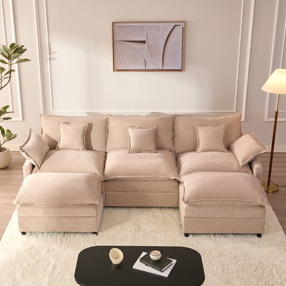 LAKPS 3-Seat Sectional Sofa Couch, Cloud-Style Deep Seating Sleeper Sofa with Included Throw Pillows, Chenille Fabric Upholstery, Modern Living Room Sofa, Flat White