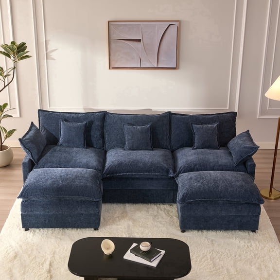 LAKPS 3-Seat Sectional Sofa Couch, Cloud-Style Deep Seating Sleeper Sofa with Included Throw Pillows, Chenille Fabric Upholstery, Modern Living Room Sofa, Navy
