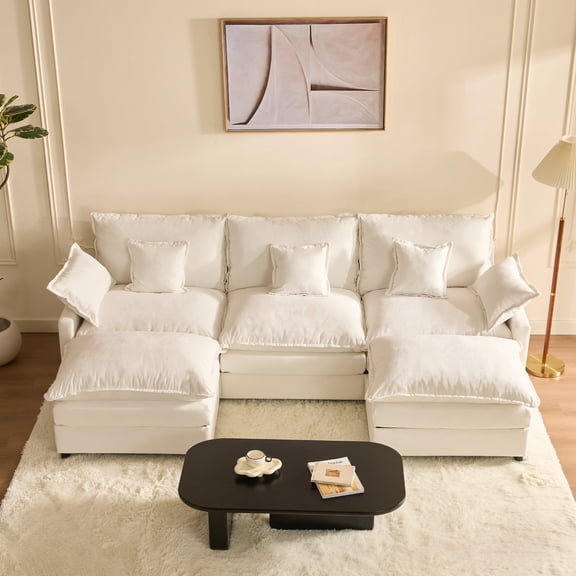 LAKPS 3-Seat Sectional Sofa Couch, Cloud-Style Deep Seating Sleeper Sofa with Included Throw Pillows, Chenille Fabric Upholstery, Modern Living Room Sofa, Pure White