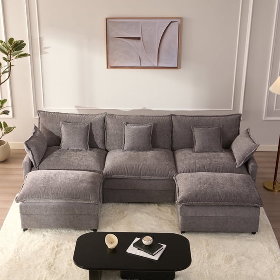 LAKPS 3-Seat Sectional Sofa Couch, Cloud-Style Deep Seating Sleeper Sofa with Included Throw Pillows, Chenille Fabric Upholstery, Modern Living Room Sofa, Slate