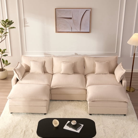 LAKPS 3-Seat Sectional Sofa Couch, Cloud-Style Deep Seating Sleeper Sofa with Included Throw Pillows, Linen Upholstery, Modern Living Room Sofa, Cream White