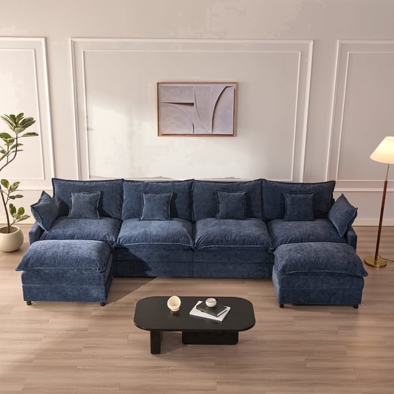 LAKPS 4-Seater Sectional Sofa Bed, Chenille Cloud Couch for Living Room, Navy