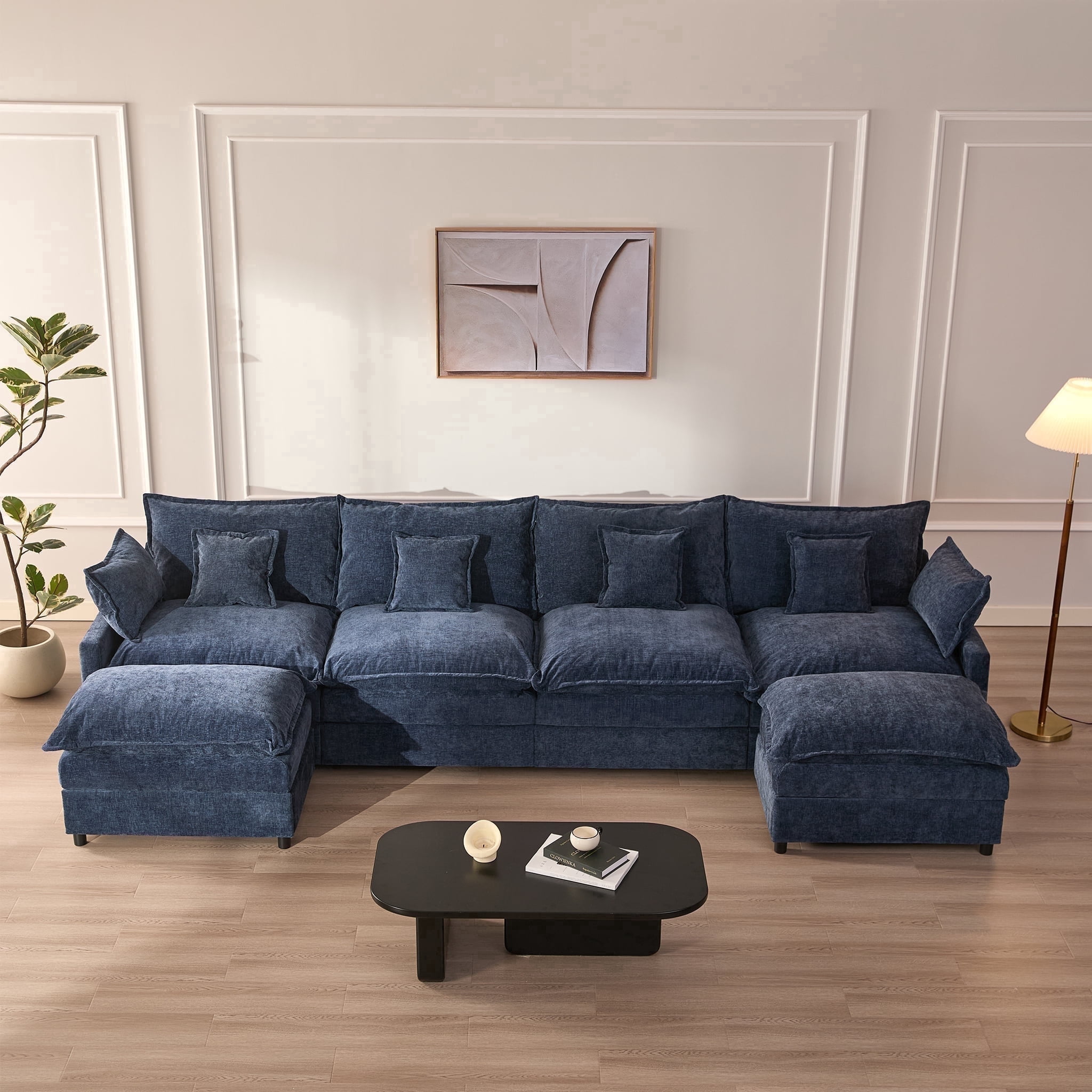 LAKPS 4-Seater Sectional Sofa Bed, Chenille Cloud Couch for Living Room, Navy