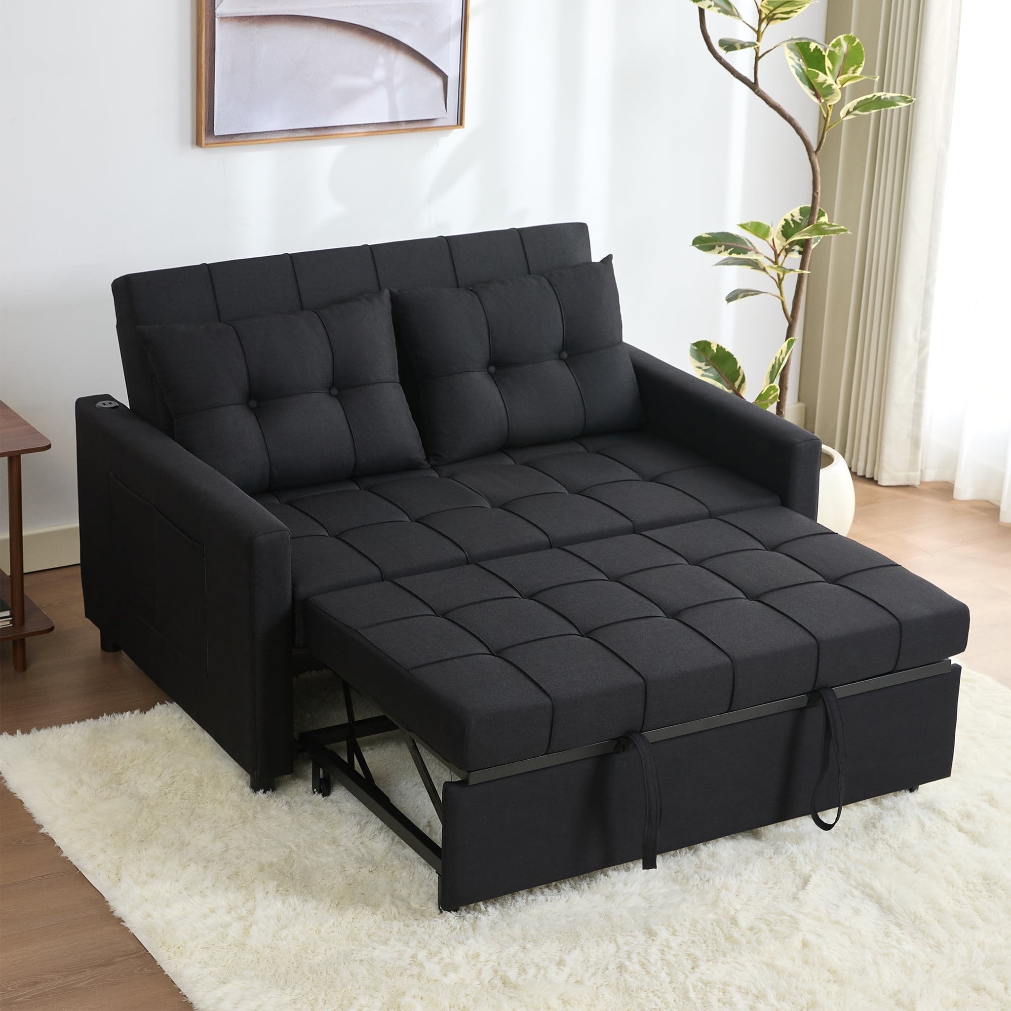 LAKPS 52" Linen 3-in-1 Convertible Sleeper Sofa with Pull-Out Bed, Stepless Adjustable Backrest & Side Pocket - for Family, Living Room, Dorm, Apartment, Linen, Black
