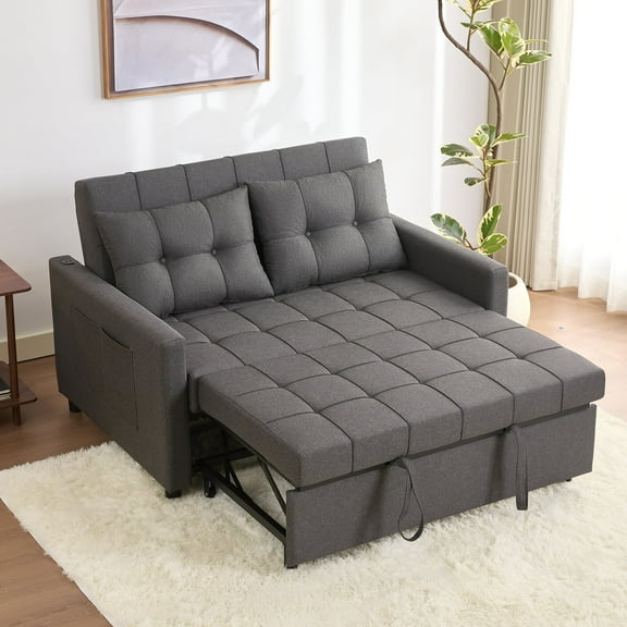 LAKPS 52" Linen 3-in-1 Convertible Sleeper Sofa with Pull-Out Bed, Stepless Adjustable Backrest & Side Pocket - for Family, Living Room, Dorm, Apartment, Linen, Dark Grey