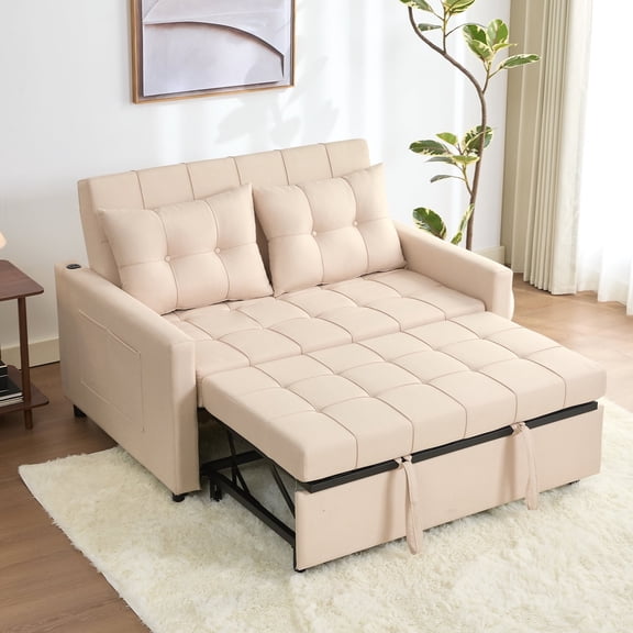 LAKPS 52" Linen 3-in-1 Convertible Sleeper Sofa with Pull-Out Bed, Stepless Adjustable Backrest & Side Pocket - for Family, Living Room, Dorm, Apartment, Linen, White