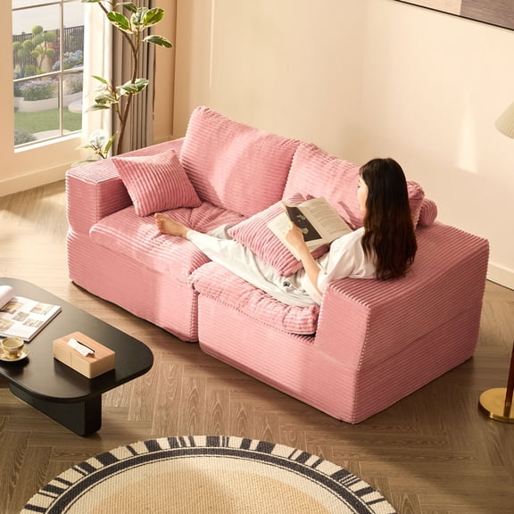 LAKPS 74.8" Modular Couch, Deep Seat Modular Couch for Apartment Dwellers, No Assembly Required, Comfortable Sofa for Living Room, Corduroy, Corduroy, Pink