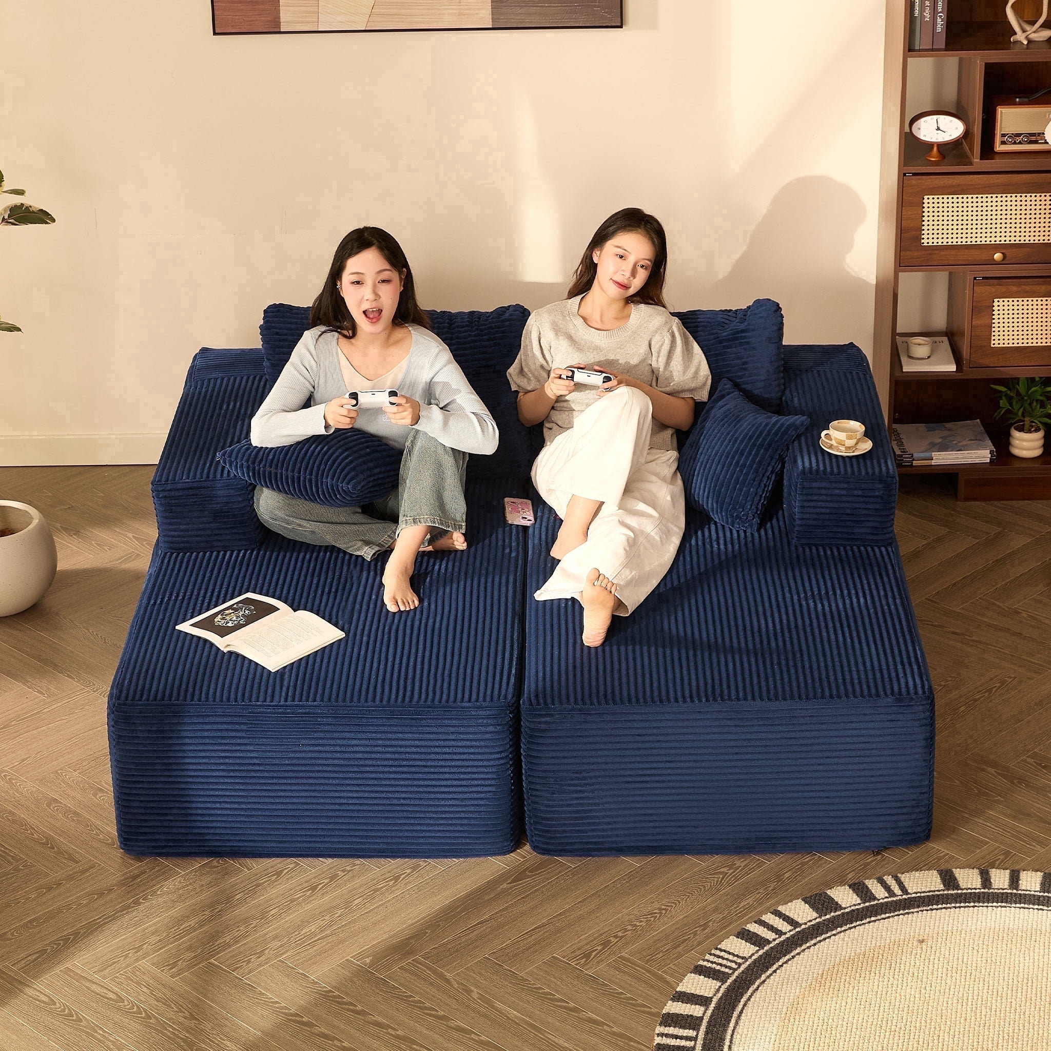 LAKPS Boneless Chaise Lounge Sleeper Chair, Corduroy Reading Chair, Blue