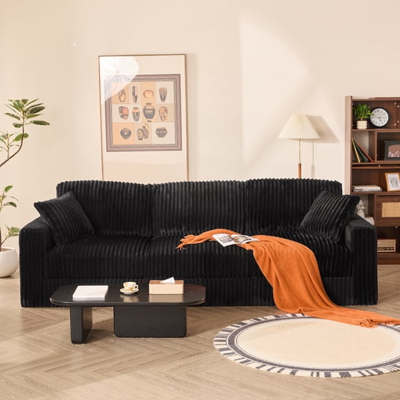 LAKPS Cloud Couch 113" 3-Seater Sofa, Extra Deep Seat Corduroy Couch with High Backrest & Pocket Spring Cushions, Modern Upholstered Comfy Sofa for Living Room, Black