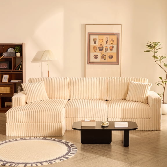 LAKPS Cloud Couch 113" L-Shaped Sectional Sofa with Left Chaise, Deep Seat Corduroy Couch, Modern 3-Seater Modular Sofa with High Backrest & Pocket Spring Cushions for Living Room, White