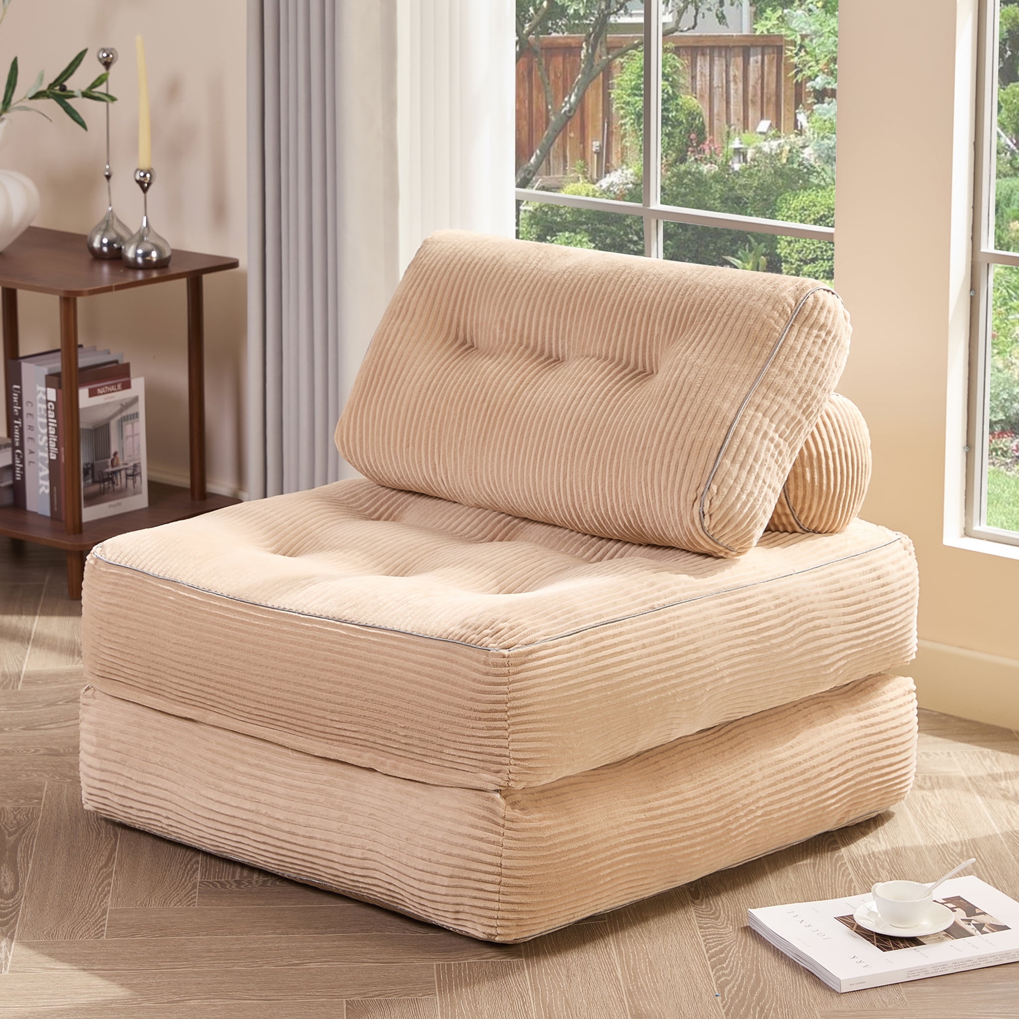 LAKPS Convertible Floor Sofa Bed, Corduroy Modular Lounge Chair with Backrest & Pillow, Folding Tatami Sofa Sleeper for Living Room, Bedroom, Dorm, Camel