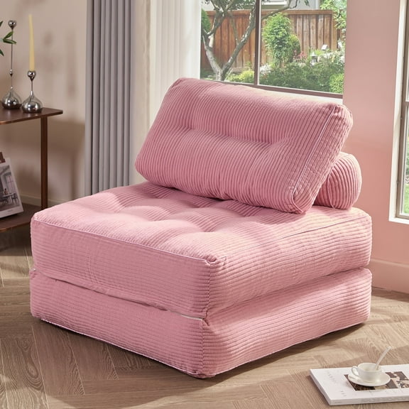 LAKPS Convertible Floor Sofa Bed, Corduroy Modular Lounge Chair with Backrest & Pillow, Folding Tatami Sofa Sleeper for Living Room, Bedroom, Dorm, Pink