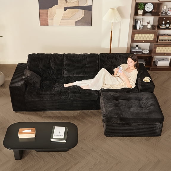 LAKPS Modular Corduroy Sectional Sofa Couch with Ottoman, Cloud-Padded Deep Seat, Reversible Chaise, No Assembly, 2 Packages, for Living Room Apartment, Black