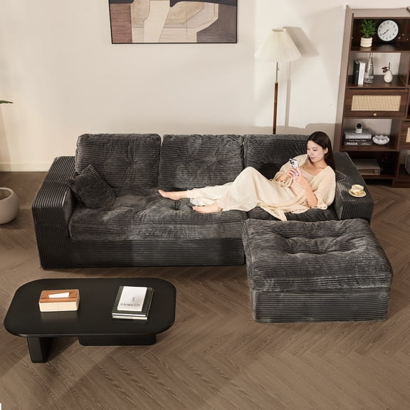 LAKPS Modular Corduroy Sectional Sofa Couch with Ottoman, Cloud-Padded Deep Seat, Reversible Chaise, No Assembly, 2 Packages, for Living Room Apartment, Grey