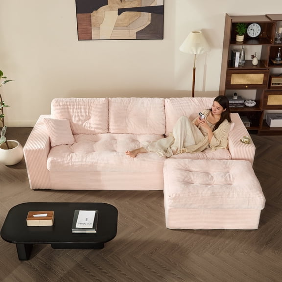 LAKPS Modular Corduroy Sectional Sofa Couch with Ottoman, Cloud-Padded Deep Seat, Reversible Chaise, No Assembly, 2 Packages, for Living Room Apartment, Pink