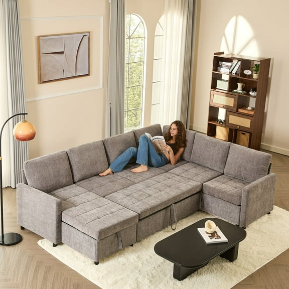 LAKPS Sectional Sleeper Sofa with Pull Out Bed, U-Shaped Modular Sectional with Storage, Cloud Couch for Living Room, Family Room & Apartment, Grey (3-Box Shipped)