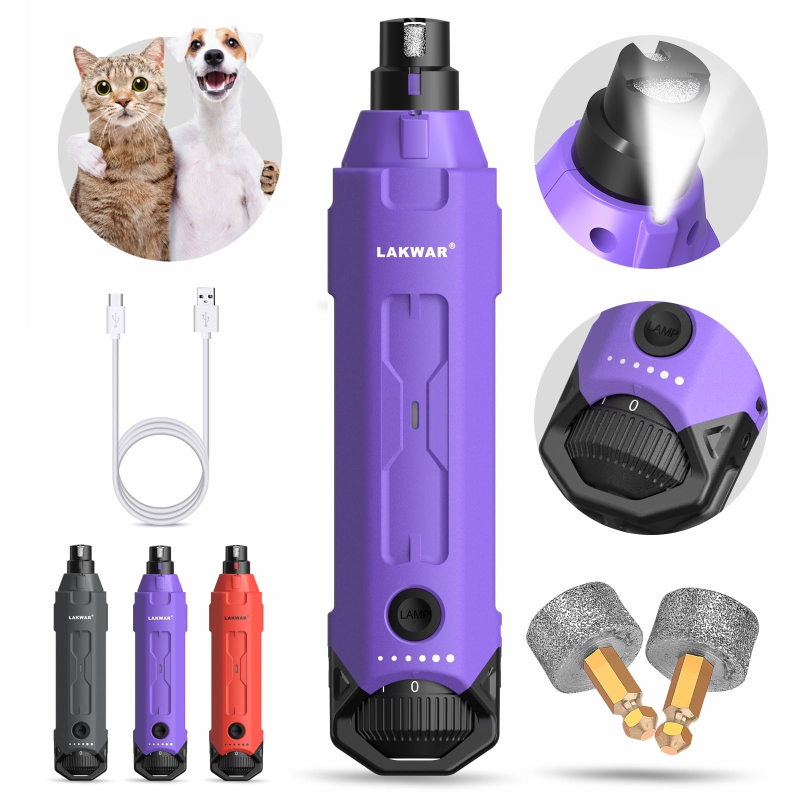 LAKWAR Dog Nail Grinder,6-Speed Pet Nail Grinder W/Light Quiet Rechargeable Electric Dog Nail Trimmer Painless Paws Grooming & Smoothing Tool for Large Medium Small Dogs(Purple)