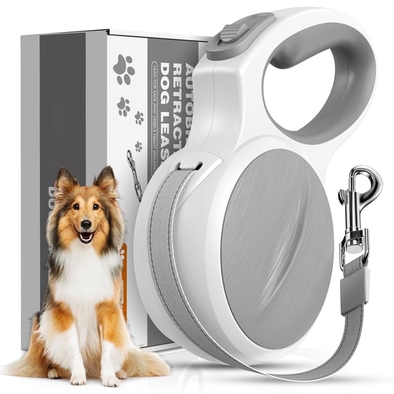 LAKWAR Dog Leash Restractable-Autobrake Dog Walking Leash Reflective Tangle Free/16.4 ft Heavy Duty Strong Nylon Tape /One-Handed/White