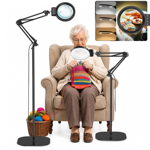 Floor Magnifying Glass with Light, 72 LEDs 3 Color 10 Dimmable Magnifying Floor Lamp with Adjustable Height, Heavy Base, Hands-Free Magnifier for Reading, Sewing, Crafts, Close Work