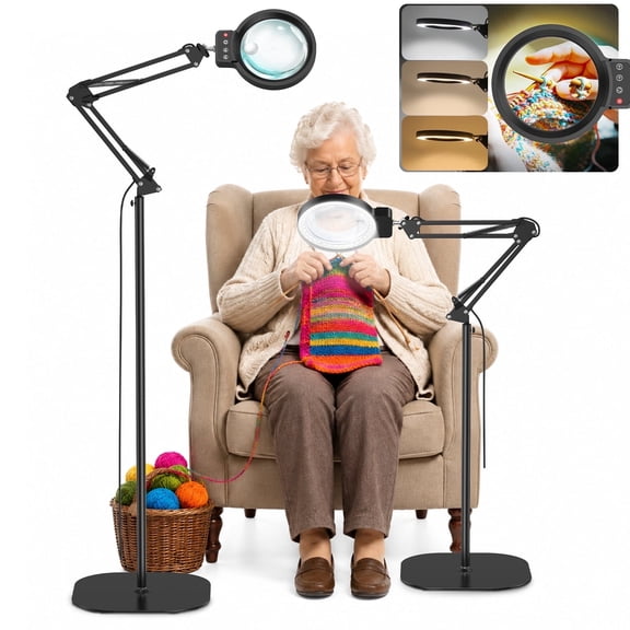 Floor Magnifying Glass with Light, 72 LEDs 3 Color 10 Dimmable Magnifying Floor Lamp with Adjustable Height, Heavy Base, Hands-Free Magnifier for Reading, Sewing, Crafts, Close Work