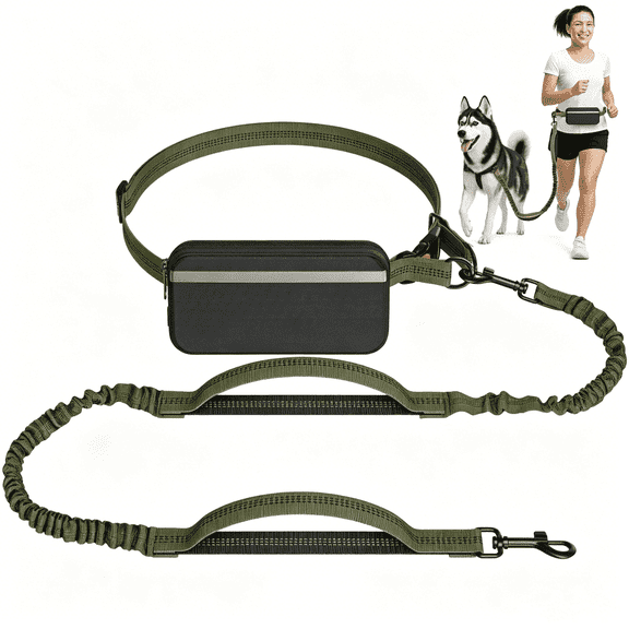 LAKWAR Hands Free Dog Leash for Running Jogging Walking with Zipper Pouch, Retractable Bungee Pet Leash Belt with Dual Padded Handles for Large Medium Dogs, Adjustable Reflective Waist Belt
