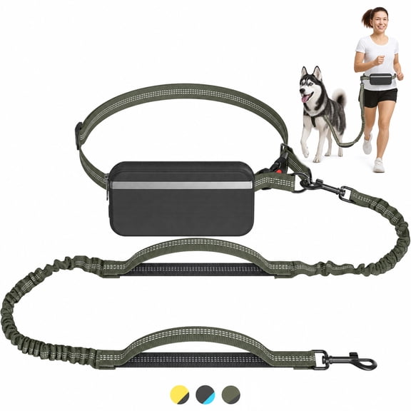 LAKWAR Hands Free Dog Leash for Running Jogging Walking with Zipper Pouch, Retractable Bungee Pet Leash Belt with Dual Padded Handles for Large Medium Dogs, Adjustable Reflective Waist Belt