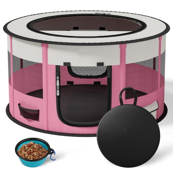 LAKWAR Large Pet Playpen for Dogs & Cats, 36"/90CM Diameter 23"/60cm Height Pet Playpens Foldable Portable Indoor Outdoor House Exercise Pen with Carrying Case for Cat Puppy Rabbit,Pink
