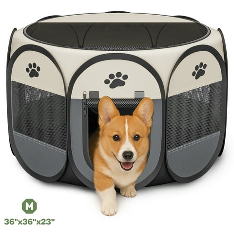 LAKWAR Pet Playpen for Indoor Cats Enclosed, Portable Foldable Dog Playpen Outdoor Tent Crate Cage with Zipper Top Cover Door for Kitten Puppy Outside Rv Car Camper-M