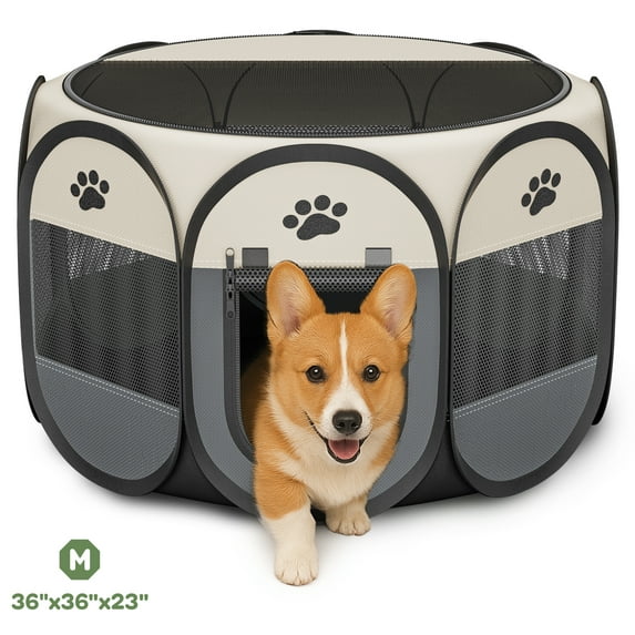 LAKWAR Pet Playpen for Indoor Cats Enclosed, Portable Foldable Dog Playpen Outdoor Tent Crate Cage with Zipper Top Cover Door for Kitten Puppy Outside Rv Car Camper-M
