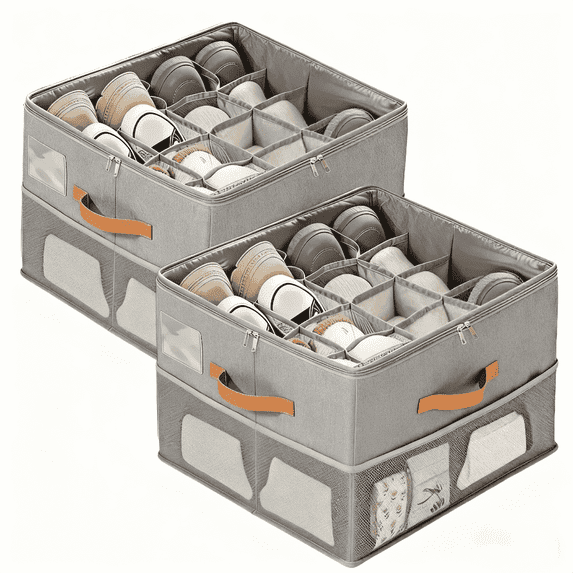 ZHIJYBO 2 Pack Shoe Organizer for Closet,Foldable Shoe Storage Bins with Clear Cover,Space Saving Shoes Holder with Handles,Large Shoe Box Storage Containers,Fits up to 32 Pairs