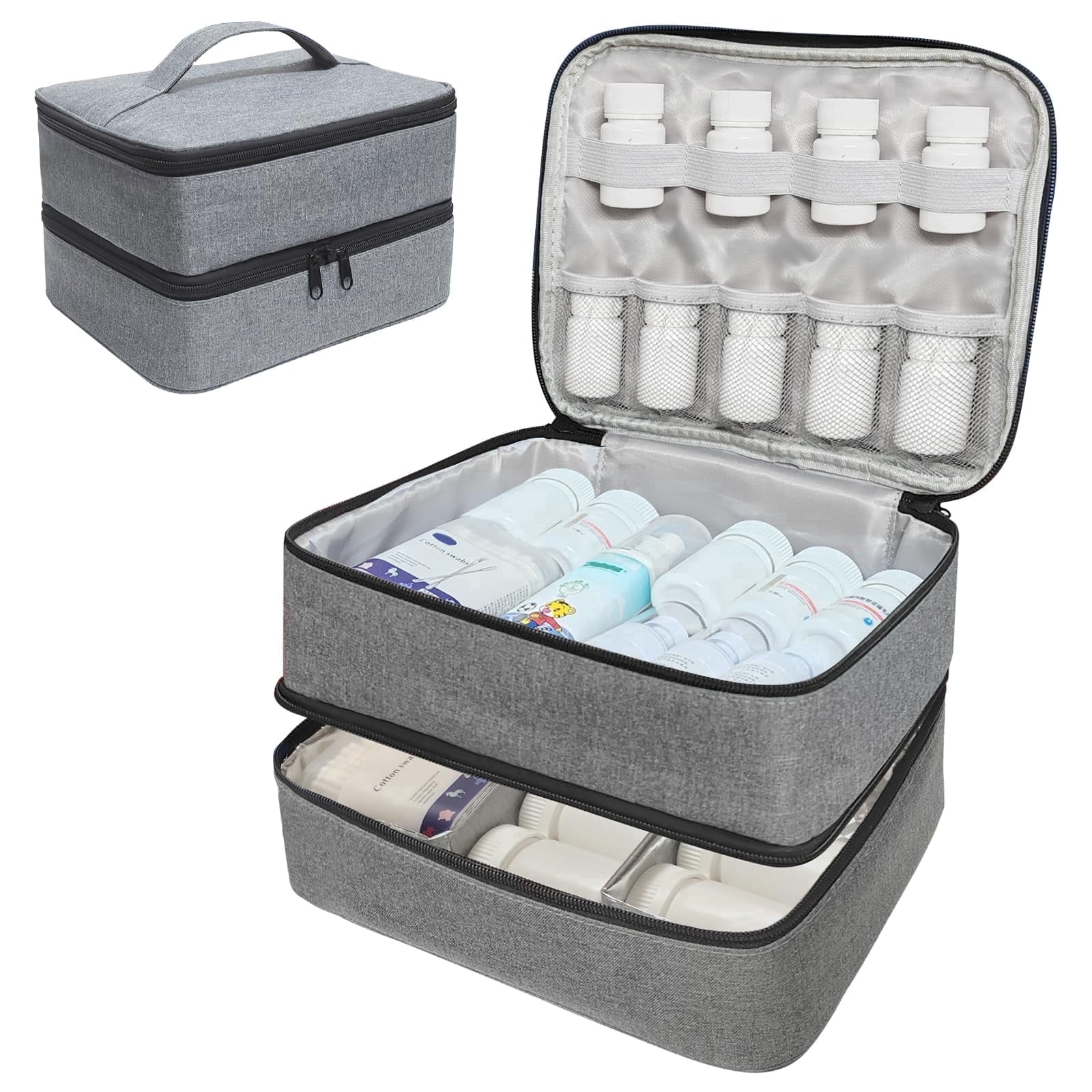 ZHIJYBO Medicine Bag, Double Layers Pill Bottle Organizer Bag for Emergency Medication,Supplements or Medical Kits, Zippered Lockable Empty Medicine Bag for Hom