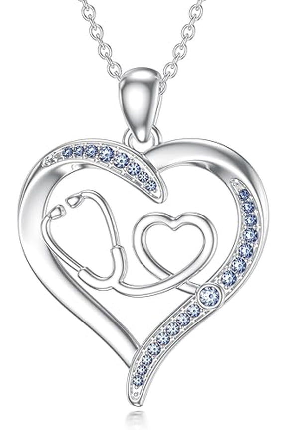 Stethoscope Necklace 925 Sterling Silver Stethoscope Heart Pendant Necklace December Birthstone Blue Topaz Doctor Nurse Jewelry Gifts