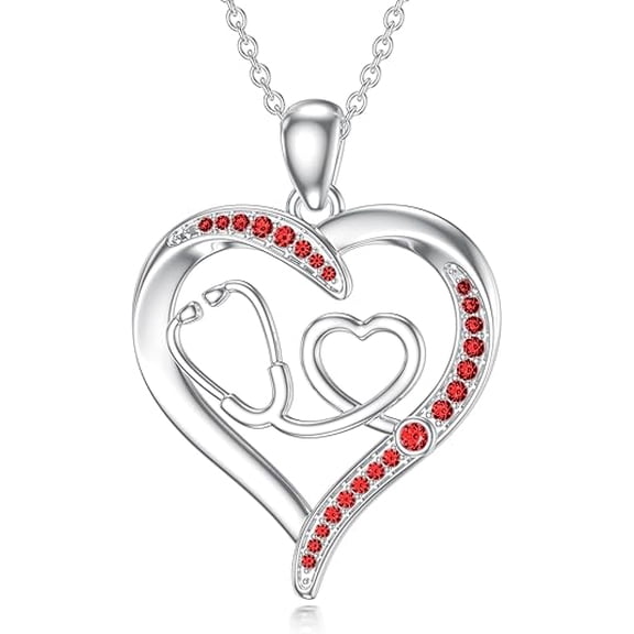 CACA LADY Stethoscope Necklace 925 Sterling Silver Stethoscope Heart Pendant Necklace January Birthstone Created Garnet Doctor Nurse Jewelry Gifts