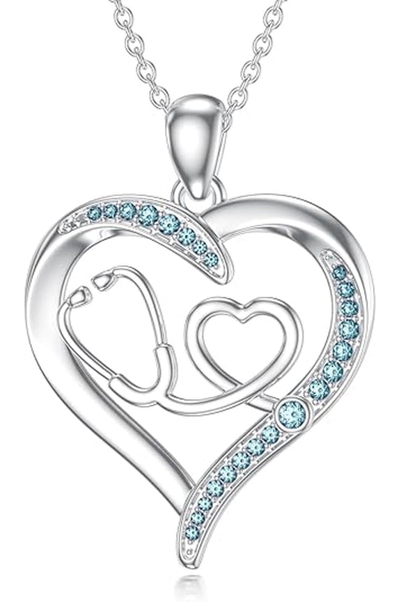 Stethoscope Necklace 925 Sterling Silver Stethoscope Heart Pendant Necklace March Birthstone Created Aquamarine Doctor Nurse Jewelry Gifts