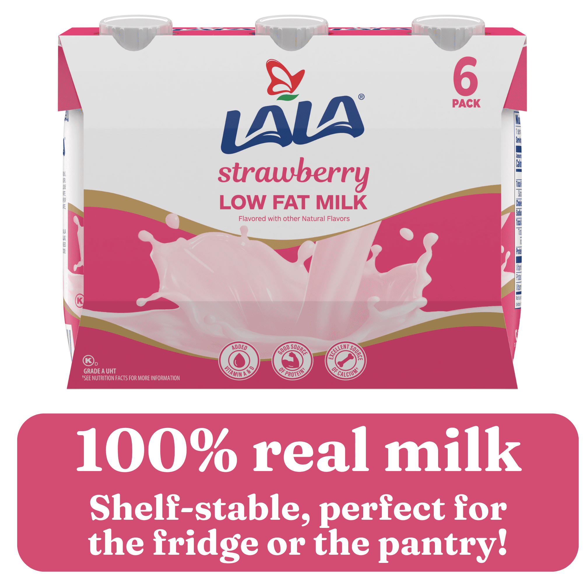 LALA Low Fat Strawberry Milk, Shelf-Stable 8 fl oz, 6 Count