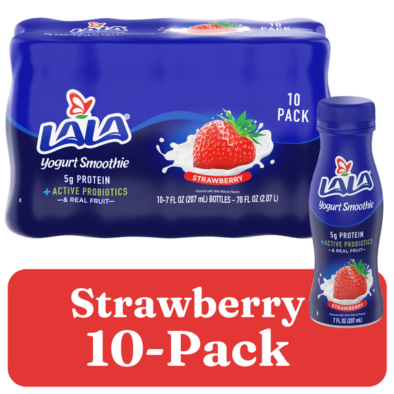 LALA Probiotic Protein Yogurt Smoothie Drink, Low Fat, Strawberry, 7 oz Plastic Bottle (10 Ct)