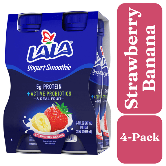 LALA Probiotic Protein Yogurt Smoothie Drink, Low Fat, Strawberry Banana, 7 oz Plastic Bottle (4 Ct)