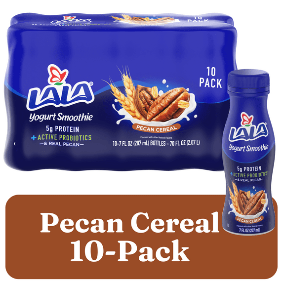 LALA Probiotic Protein Yogurt Smoothie Drink for Kids and Adults, Pecan Cereal, 7 oz Plastic Bottle (10 Ct)