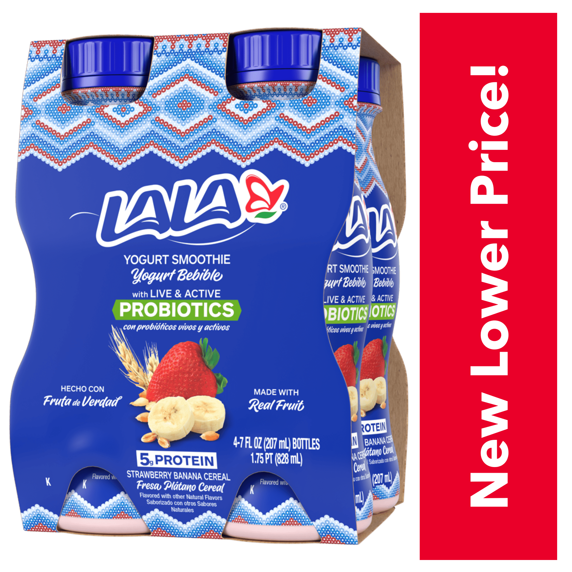 LALA Probiotic Yogurt Smoothie Drink with Protein, Strawberry Banana Cereal, 7oz Plastic Bottle
