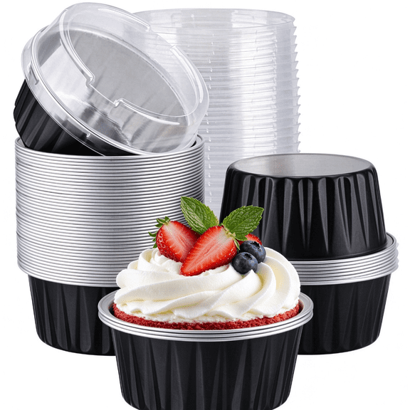 LALACE 200 Pack Aluminum Foil Baking Cups with Clear Lids, Disposable Ramekins, Mini Cupcake Containers, Oven Safe Dessert Cups for Pudding, Flan, Muffin, Party Dessert