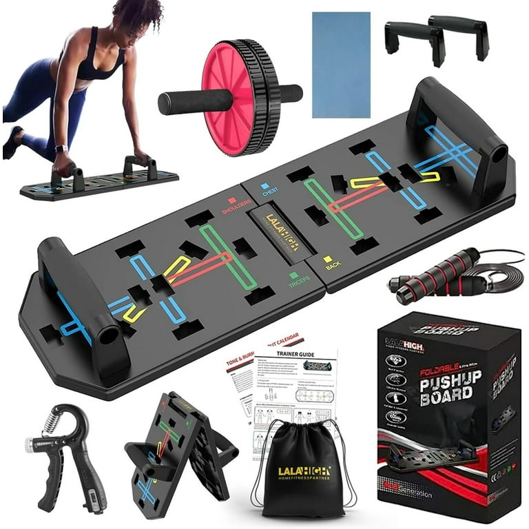 LALAHIGH Portable Home Gym System: Large Compact Push up Board, Pilates Bar  20 Fitness Accessories with Resistance Bands Ab Roller Wheel - Full Body