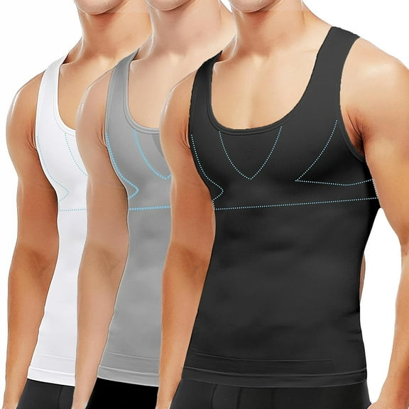 LALAMELON 3 PACK Compression Shirts for Men Gynecomastia Moobs Tummy Control Body Shapewear Base Layer Tank Tops