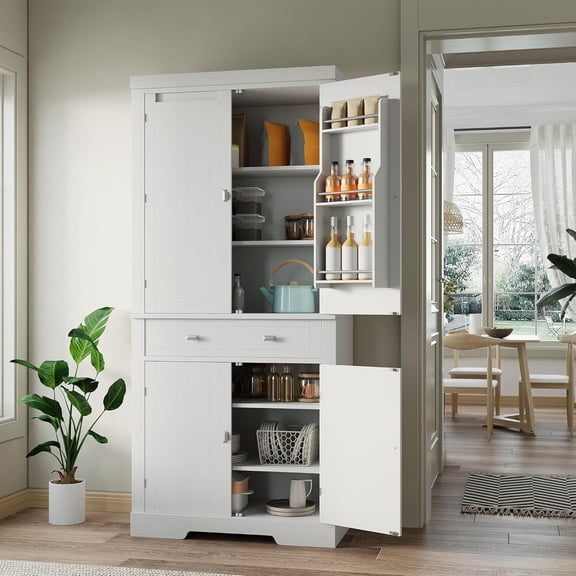 LALFPET 72 Inch Food Pantry Cabinet, Modern White Wood Kitchen Storage Cabinet with Door Shelves & Drawer, Freestanding Cupboard for Dining Room, Living Room, Apartments