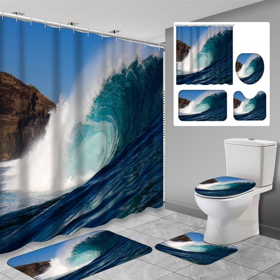LALILO 4 Pcs Galaxy Blue Shower Curtain Sets with Rugs for Bathroom Decor,Marbled Galaxy Pink Bathroom Curtain Set with Mats