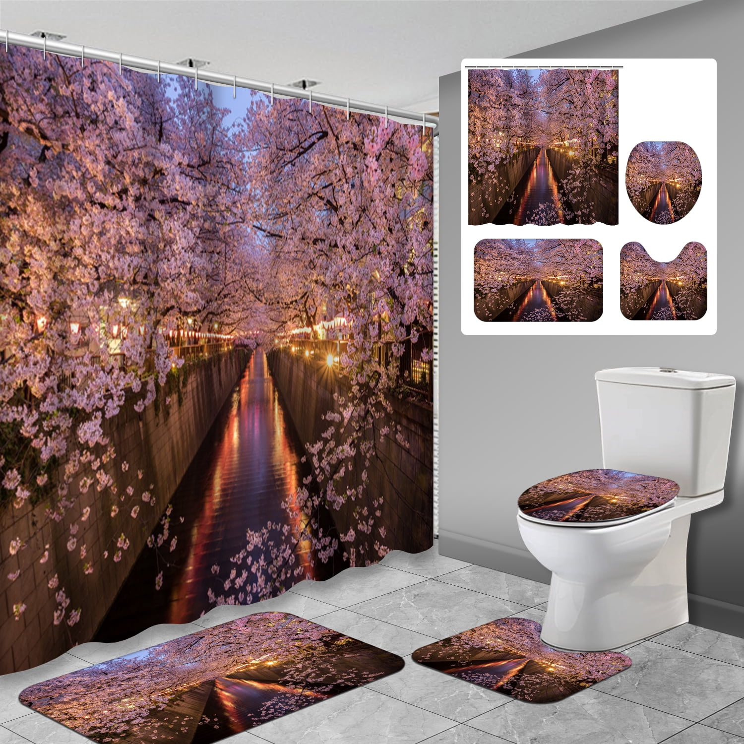 LALILO 4 Pcs Purple Shower Curtain Sets with Rugs for Bathroom Decor,Pink Violet Marble ...